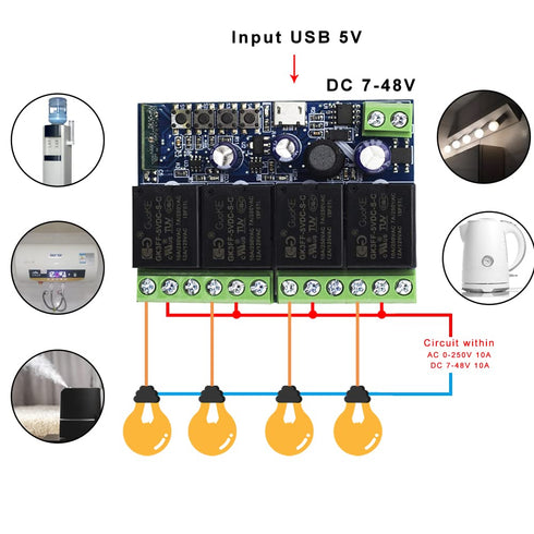 Ewelink WiFi Wireless Smart Relay Module USB 5v 4 Channel for Home Automation, Compatible with Alexa Google Home
