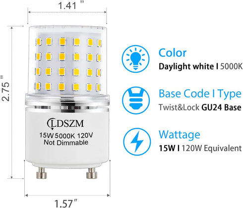 GU24 LED Bulb 15W Non-Dimmable, 120 Watt Equivalent, 1200lm 5000K Daylight, 4-Pack TwistLock Ceiling Light Bulbs
