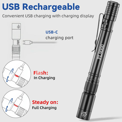 2Pack PL9000, 5Mode Pen Flashlight Rechargeable Bright Pen Light Flashlight High Lumens, Waterproof Pocket Flashlights
