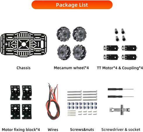4WD 68mm Omnidirectional Robot Car Chassis Kit with Mecanum Wheels, TT Motor, Aluminum Alloy Metal Platform