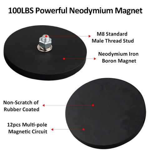ULIBERMAGNET 2Pack Rubber Coated Magnet with M8 Male Thread Stud, 100lb Strong Neodymium for Outdoor Tools