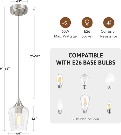 VONLUCE Pendant Lights Kitchen Island, Brushed Nickel Pendant Lighting for Kitchen Island with Hanging Cord for Bedroom