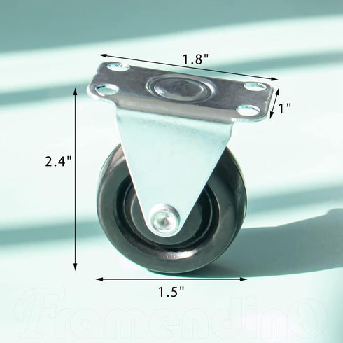 Framendino 4 Pack Heavy Duty Rubber Casters - 1.5 Inch Non-Swivel Top Plate for Furniture, Black