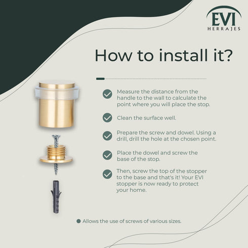 EVI Brass Door Stops | Door Stopper - Screw Fastening - Transparent Rubber Protector - 0.79 x 0.99 Inch