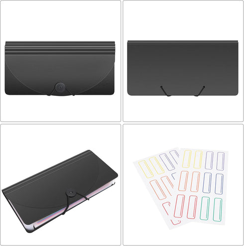 Uquelic 2Pack Desk Stand Receipt Folder, 13 Pockets Expanding Coupons Storage with Label, 10 x 5 inch (Black & Clear)