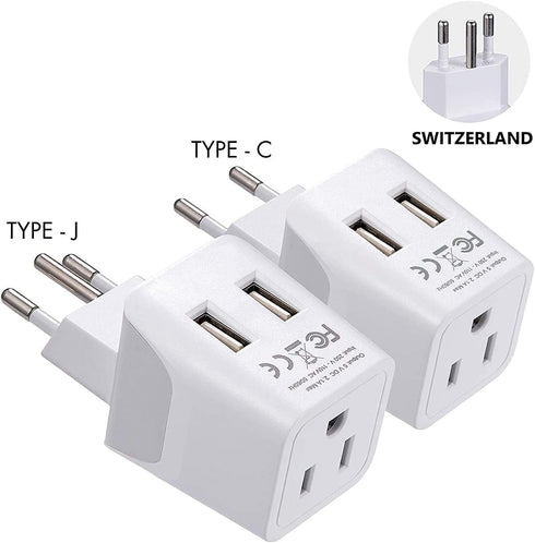 Ceptics Switzerland Travel Plug Set with 2 USB + USA Socket Input, Type J and Type C, Ultra Compact for Cell Phones,