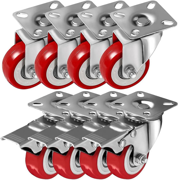 8 Pack Caster Wheels Swivel Plate Casters on Red Polyurethane Wheels