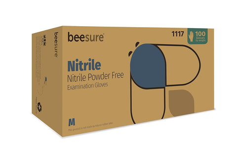 BeeSure BE1117 Nitrile Powder Free Exam Gloves, Medium, Pack of 100, Strips