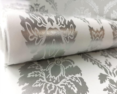 8359 Silver Damask Peel and Stick Wallpaper 17.7 in 9.8ft, Removable Self Adhesive Vinyl Film for Home Decor
