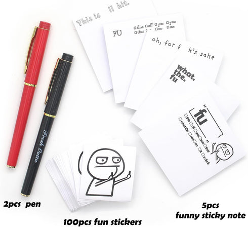 Funny Sticky Notes, Funny Sticky Notes and Pen Set, Funny Sassy Rude Desk Accessory Gifts for Friends, Co-Workers, Boss (5Pcs Novelty Pads,100pcs Funny Stickers)