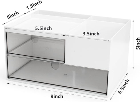 Desk Drawer Organizer, White Storage Box with 2 Drawers and 4 Compartments for Multifunctional Desk Accessories