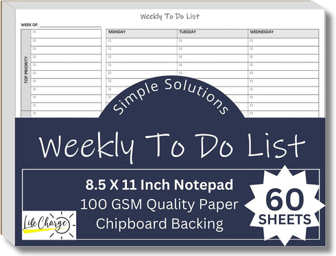 Weekly To Do List Notepad, 60 Page Task Planning Pad w/Daily Checklist, Priority Todo Checkbox & Notes. Desk Notebook to Organize Office 11 X 8.5 by Life Charge