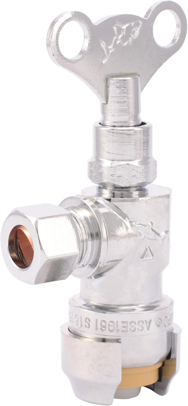 SharkBite 1/2 x 3/8 Inch Compression Angle Stop Valve, Push to Connect Brass Plumbing Fitting, Chrome Finish