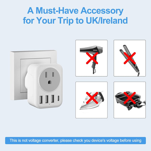 UK Ireland Travel Plug Adapter, RATEA Type G Power Adaptor with 3 USB-A, 1 USB-C Outlet Charger for US to UK