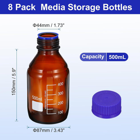 PATIKIL 8 Pack 500ml Borosilicate Glass Reagent Media Storage Bottles with GL45 Blue Screw Cap