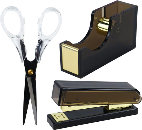 Buqoo Black Gold Acrylic Stapler and Tape Dispenser Set, 1-Inch Core Tape Holder, 6.3 Inches Fabric Scissors