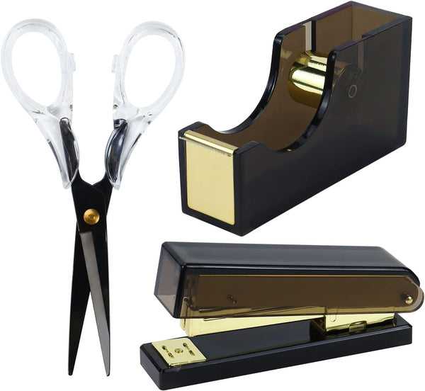 Buqoo Black Gold Acrylic Stapler and Tape Dispenser Set, 1-Inch Core Tape Holder, 6.3 Inches Fabric Scissors