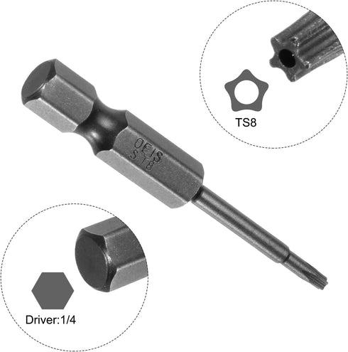 10ps TS8 Star 5 Point Screwdriver Bit 1/4" Hex Shank 2" Length Magnetic Security Torx Head Screw Driver