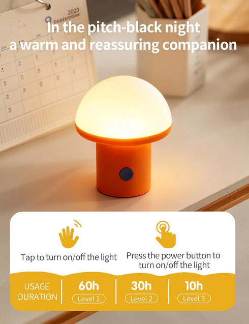 Sgohevn 3 LED Night Light for Bedroom - Cute Mushroom Mini Desk Lamp with Brightness Levels, USB Rechargeable