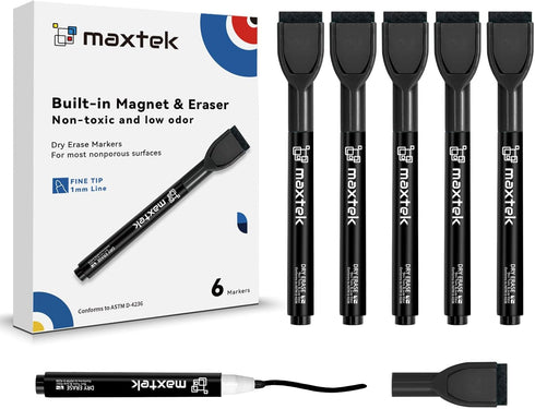 maxtek Magnetic Black Dry Erase Markers, 6 Count Fine Tip Whiteboard Markers