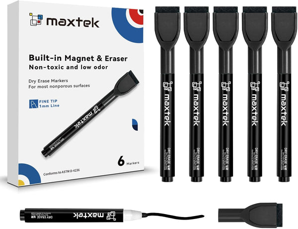 maxtek Magnetic Black Dry Erase Markers, 6 Count Fine Tip Whiteboard Markers