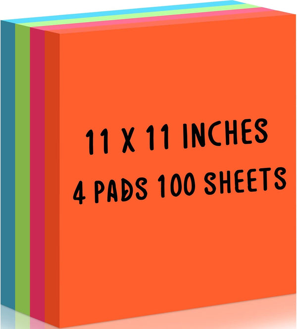 Big Sticky Notes - Bright Colors Self Stick Pads, Large Note Pads for Home, Office, Notebook Supplies 4 Pads 100 Sheets