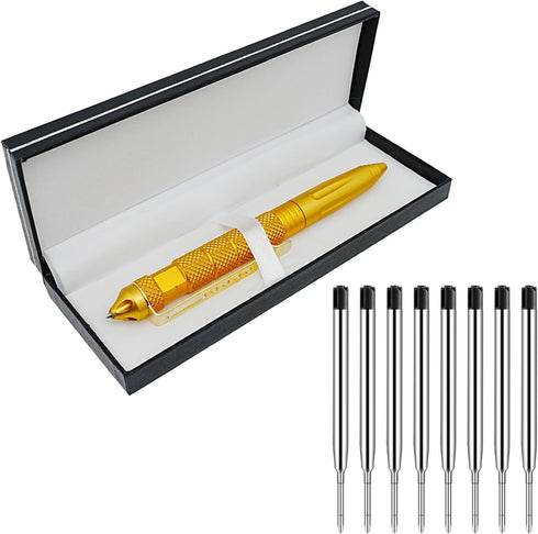 Gift Boxed Tactical Pen, Tungsten Steel Military Self Defense Tool with 8 Refills (Gold)
