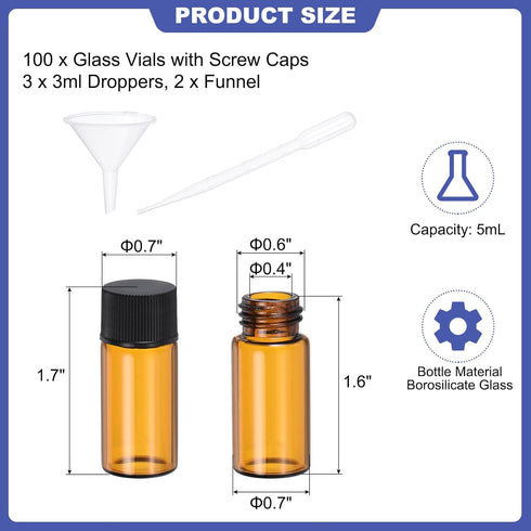PATIKIL 5ml Amber Glass Vials, 100 Pack Sample Vials with Screw Cap Reagent Media Bottle with 3 Dropper and 2 Funnel Leak-Proof Liquid Vial for Lab Laboratory
