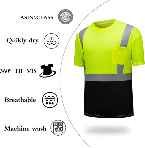High Visibility Quick Dry Safety Shirts with Reflective Strips Pocket Short Sleeve Mesh Hi Vis for Men/Women