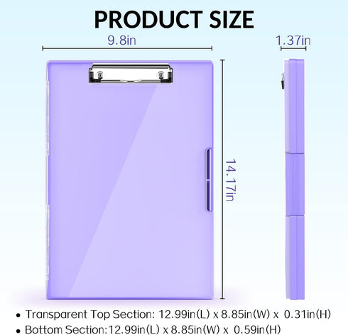 Sooez Clipboard with Storage, Cleaview Clip Boards 8.5x11, Dry Erase Plastic Nursing Clipboard, Light Purple for