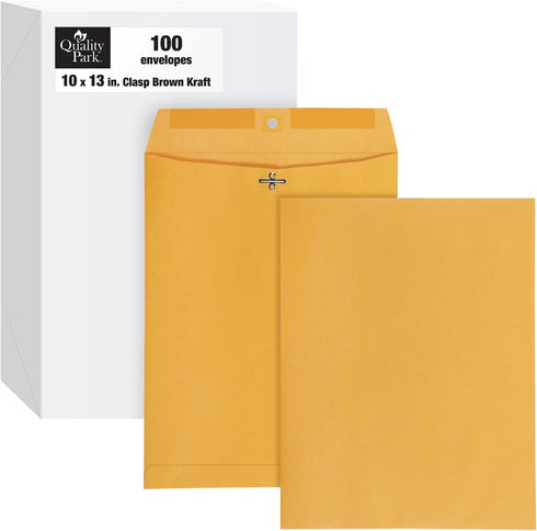 Quality Park 10 x 13 Clasp Envelopes - 100 per Box - 28 lb Kraft Paper with Clasp and Gummed Closures