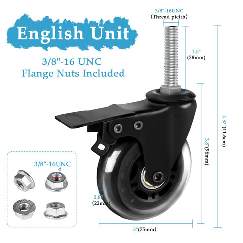 3" Heavy Duty Stem Caster Wheels with Safety Dual Locking, No Noise Swivel Rubber Castors (Set of 4)