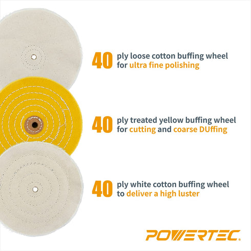 POWERTEC 6 Inch Polishing Wheels Kit - 3 Pack with Yellow, Loose Cotton & White Cotton Buffing Wheel (71631)