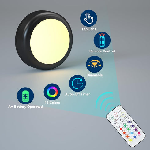 BESTDLCLITE 13-Color Dimmable Closet/Shelf/Wall (Black-6 Pack) LED Puck Lights with Remote, Under Cabinet Lighting
