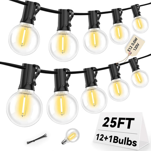 Hobbynors 25FT G40 LED Outdoor String Lights with 12+1 Bulbs, E12 Socket, 2700K