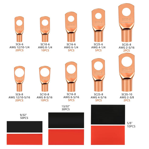 174Pcs Copper Wire Lugs, Terminal Connectors AWG12 10 8 6 4 2, 84Pcs Battery Cable Ends & 90Pcs Heat Shrink