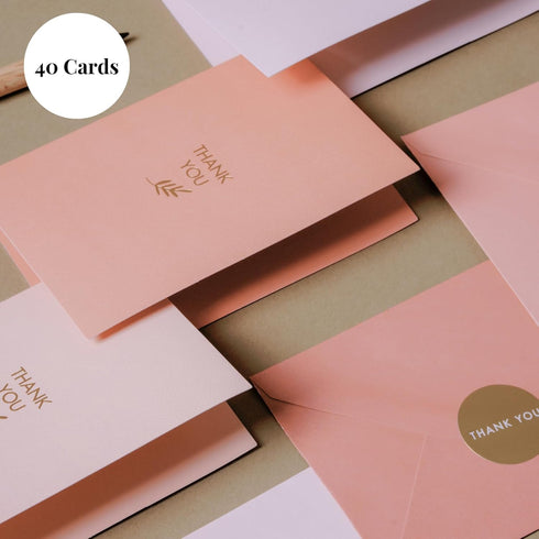 Pack 40, 5x3.5 Inch Gold Foil Thank You Cards - Bulk of with Matching Stickers & Envelopes (Pink) Textured Surface
