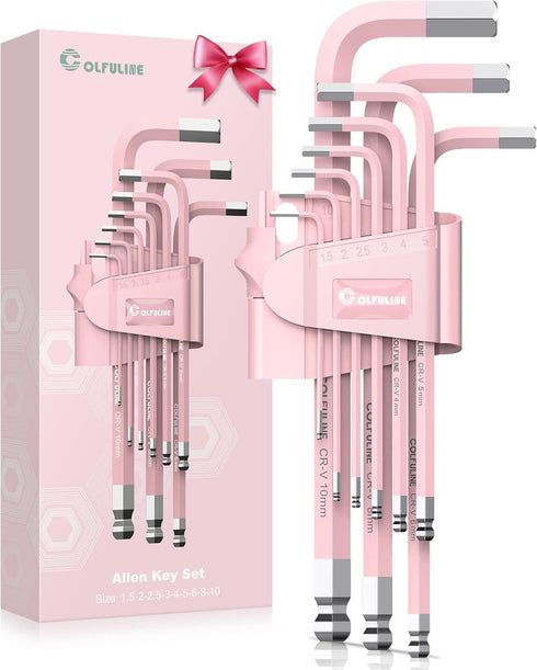 COLFULINE 9 PCS PINK Allen Key Set, Long Ball End Hex Key Set, Cr-V Wrench Set for Women, Size 1.5-10mm