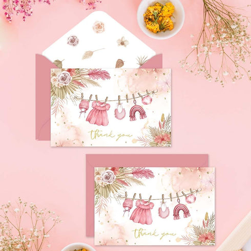 SolarGlory 50 Pack Set Pink Baby Shower Thank You Cards with Envelopes & Stickers for Girl, Floral Design Girl Thank