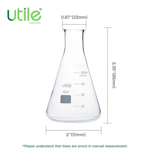 Utile Glass Erlenmeyer Flask Set - 50ml Narrow Mouth Borosilicate 3.3 Glass Flasks, 6pcs for Laboratory