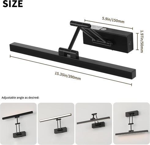 15.7' Inch Dimmable Picture Light Battery Operated Long Rechargeable Wall Sconce LED Library Light with Swing Arm