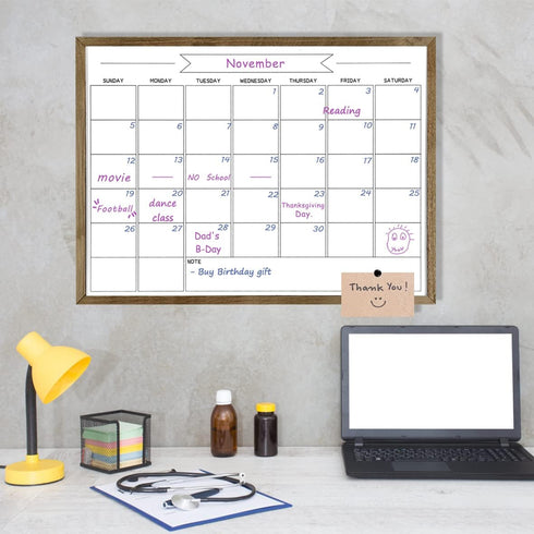 TORASO 17"x 23" Dry Erase Monthly Calendar Board - Magnetic Whiteboard with Rustic Brown Frame