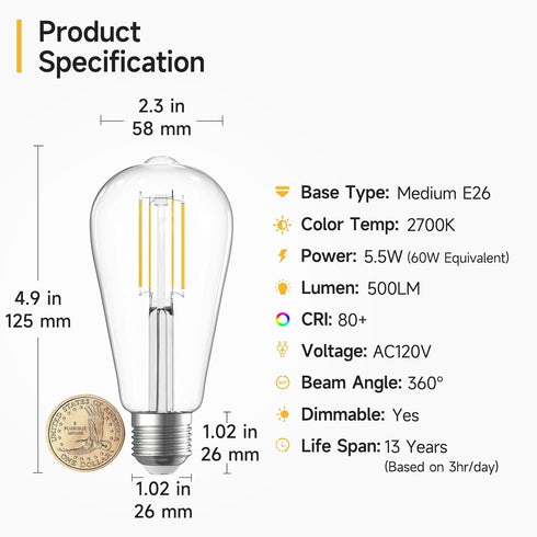 SHINESTAR 8-Pack Edison Bulbs, Warm White 2700K, E26 LED Bulb 60 Watt Equivalent, Dimmable Vintage Light Bulbs by SHINESTAR