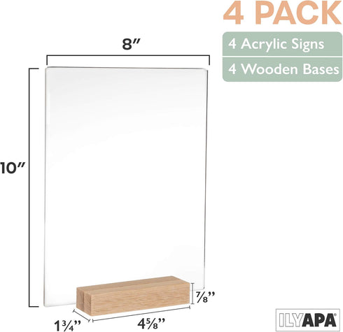 Ilyapa Acrylic Sign Holders with Natural Wood Stands, 4 Pack - 8x10 Inch Blank Table Numbers for Wedding Reception