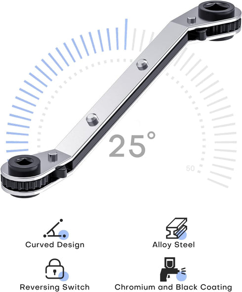 HVAC Service Wrench - Refrigeration Ratcheting Curved Wrench 3/8 1/4 5/16'' 3/16'' with Hex Bit Adapter
