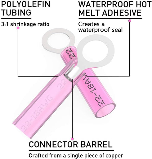 Sopoby 200PCS Heat Shrink Ring Connectors - 3/8" Red, 22-18 AWG - Automotive Marine Crimp Connector Kit