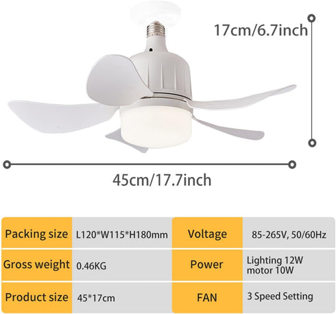 WUTGHUI Dimmable Bulb 3000K-6000K 3-Color E26/E27 Socket Fan Light with Remote Control, LED Fan Lighting, Base Socket