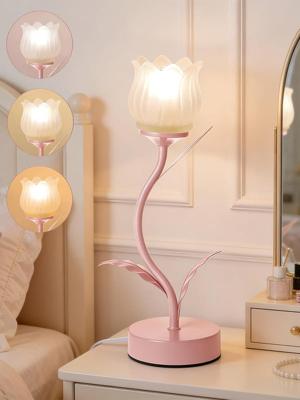 HAKSEIFA Tulips Flower Table Lamp,Cute 3 Colors Modes Vintage Bedside Flowers Night Light