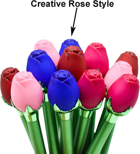 Maydahui 24PCS Colorful Rose Flower Ballpoint Pens Novelty Floral Retractable Metal Pens 4 Colors Black Ink for Office