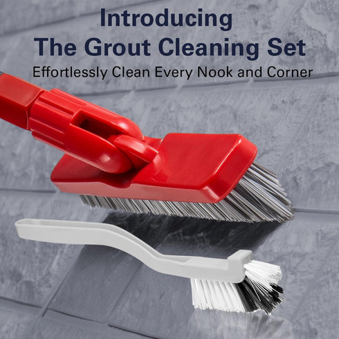 Foxtrot Living Grout Brush with Long Handle & Handheld Stiff Bristle Scrubber, V-Shaped Cleaner with Telescopic Handle